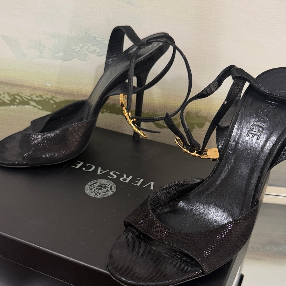 Versace Shimmering Black Heels with Gold Accent